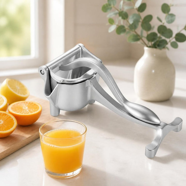 Aluminum lever juicer on a white counter with halved oranges and a glass of fresh orange juice