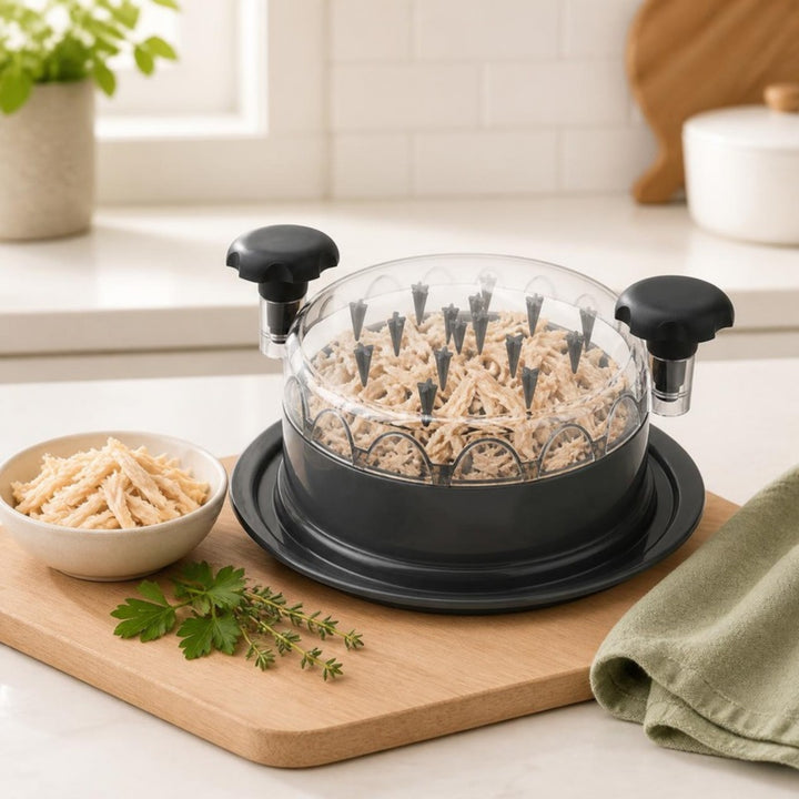 Chicken shredder filled with shredded chicken on an oak cutting board with fresh herbs in a bright kitchen