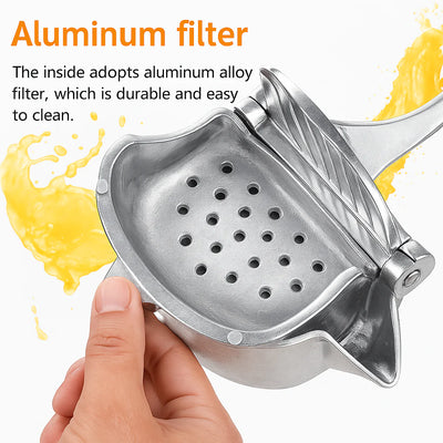Removable perforated aluminum strainer inside the juicer bowl