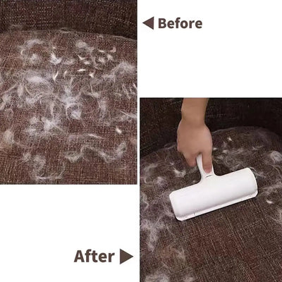 Pet hair roller removing hair from a fabric sofa, before and after