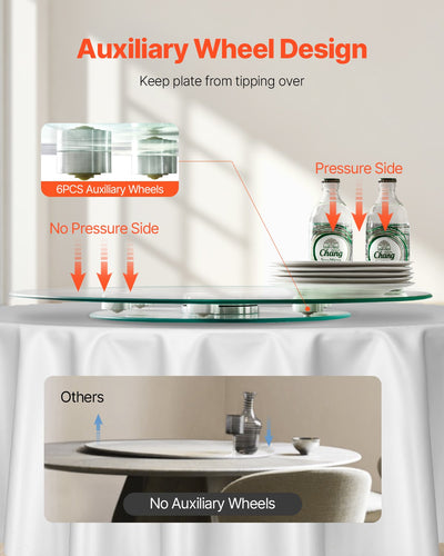 Support wheels under the glass lazy susan keep it from tipping over