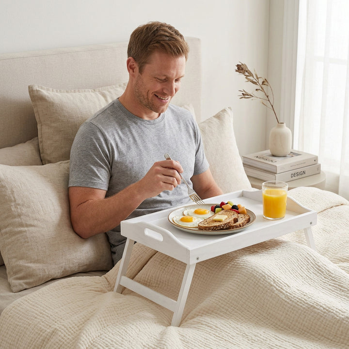 Foldable Bamboo Breakfast Tray with Handles - Ideal for Bed, Sofa or TV - Laptop, Snack and Meal Tray (Black/White)