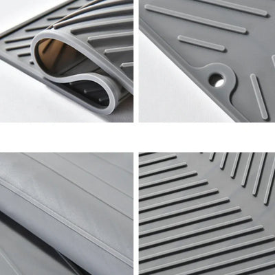 Close-ups of the mat's flexible silicone, raised ridges and drain edge
