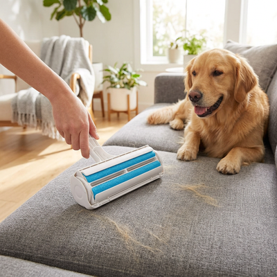 Pet hair roller on a grey sofa with a golden retriever