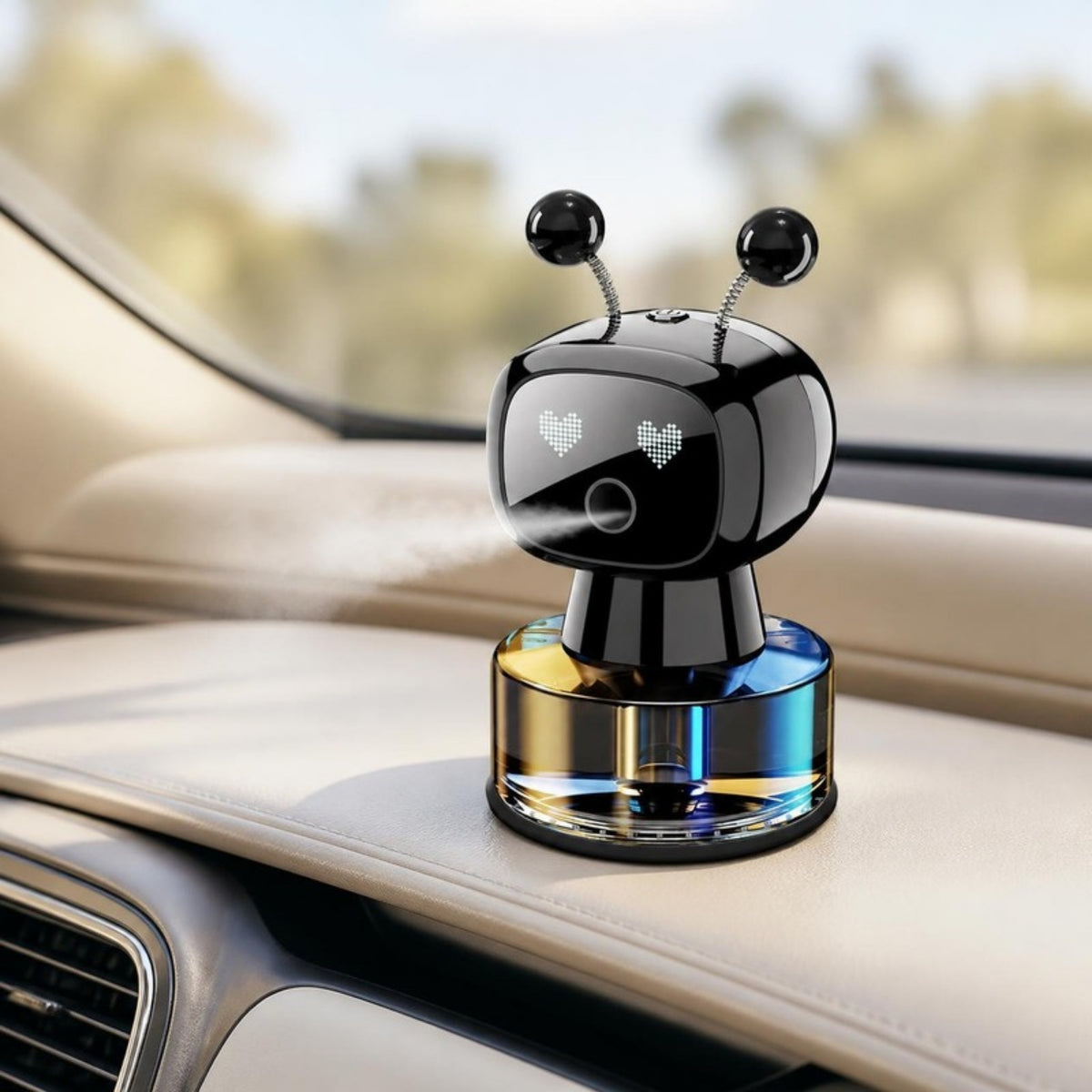 Black robot car aroma diffuser misting on a beige car dashboard