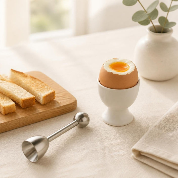 Egg topper on a breakfast table beside a soft-boiled egg with its top removed and toast soldiers