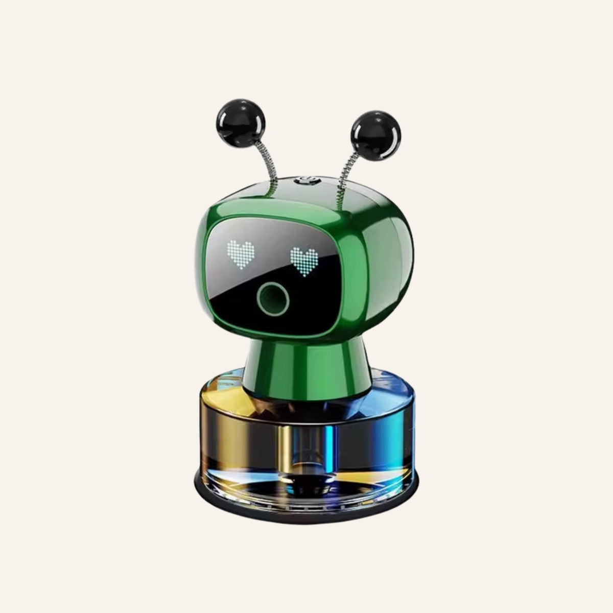 Green robot car aroma diffuser on an ivory background