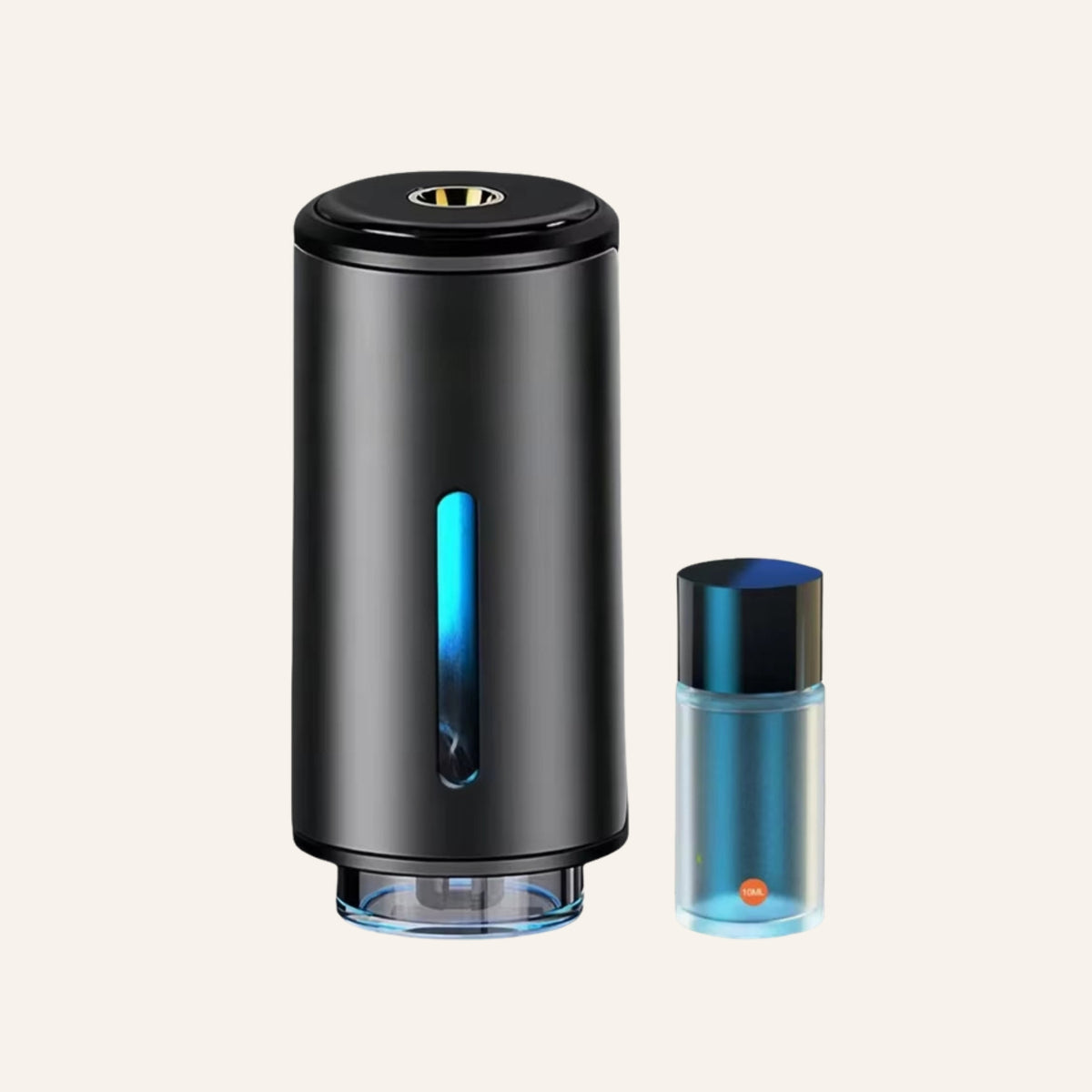 Car vent mist diffuser and a fragrance refill on an ivory background