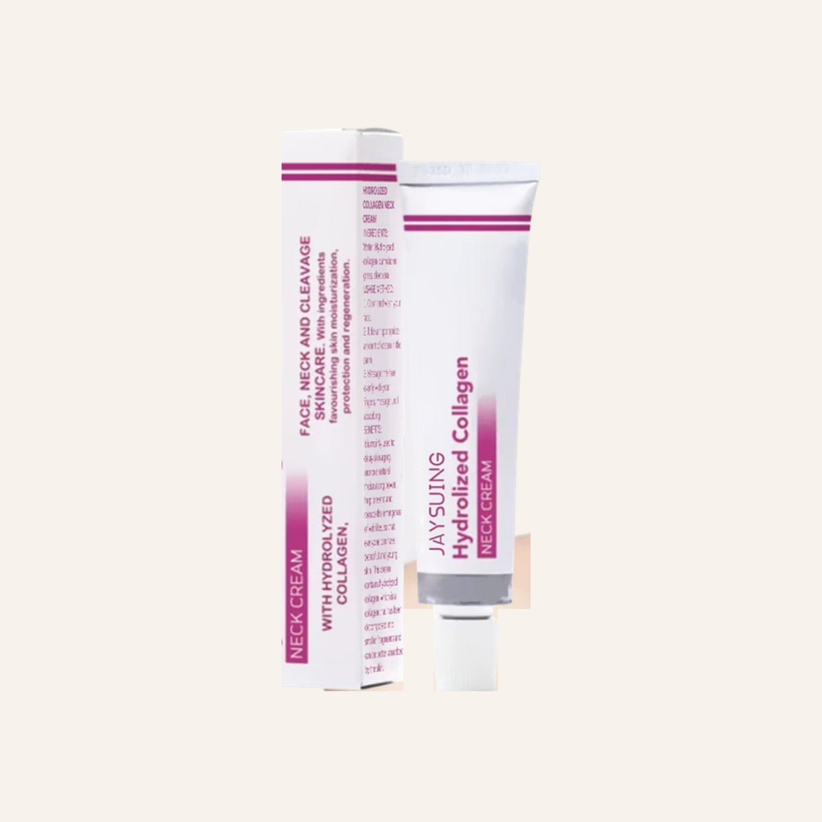 Collagen neck cream 40g tube and box on a warm ivory background