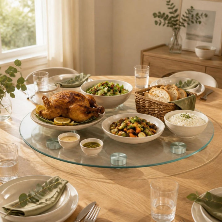 Glass lazy susan on a wooden dining table with a family-style dinner of roast chicken, salad, vegetables, rice and bread