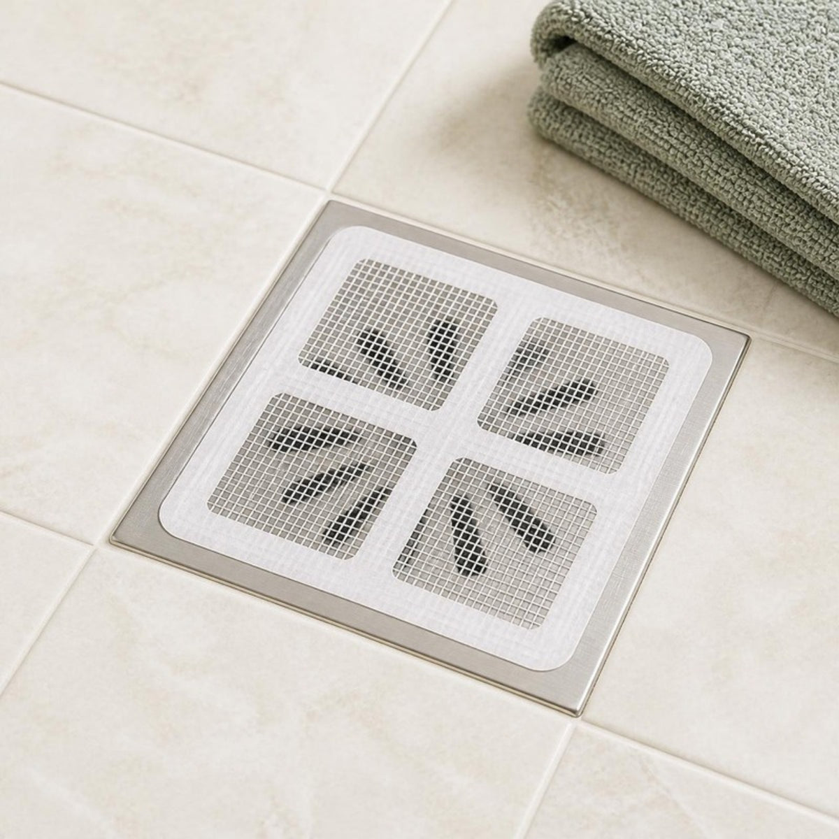 Square mesh hair catcher stuck over a stainless floor drain in a light tiled shower, sage towel nearby