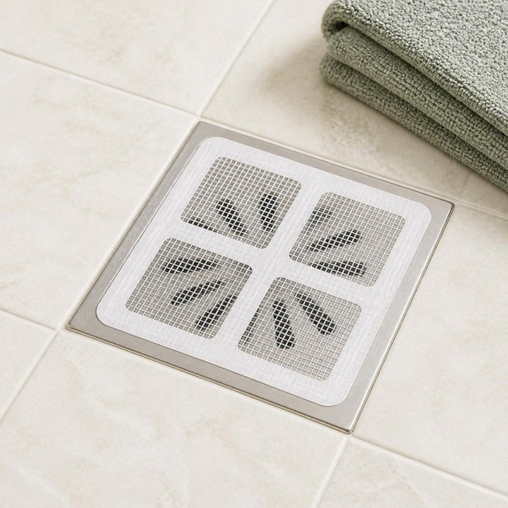 Square mesh hair catcher stuck over a stainless floor drain in a light tiled shower, sage towel nearby
