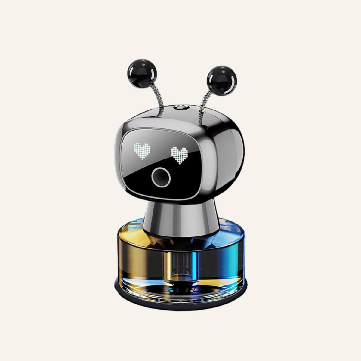 Grey robot car aroma diffuser on an ivory background