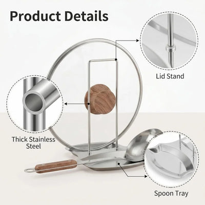Labeled details of the rack: lid stand, thick stainless steel frame and spoon tray