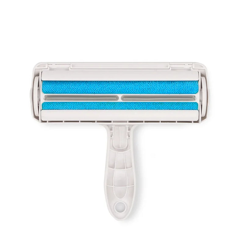 Self-cleaning pet hair roller with blue fabric rollers on a white background