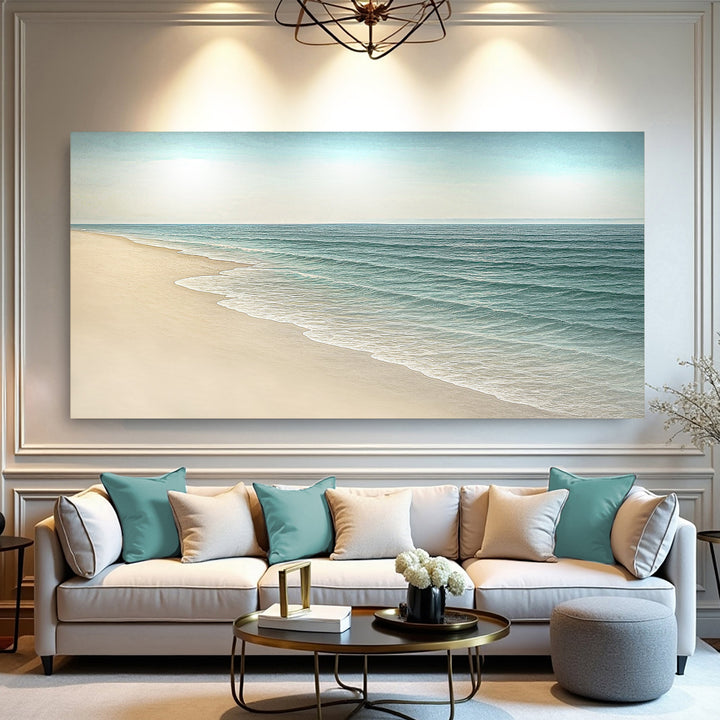 Beach Shoreline II coastal canvas wall art above a sofa in a living room