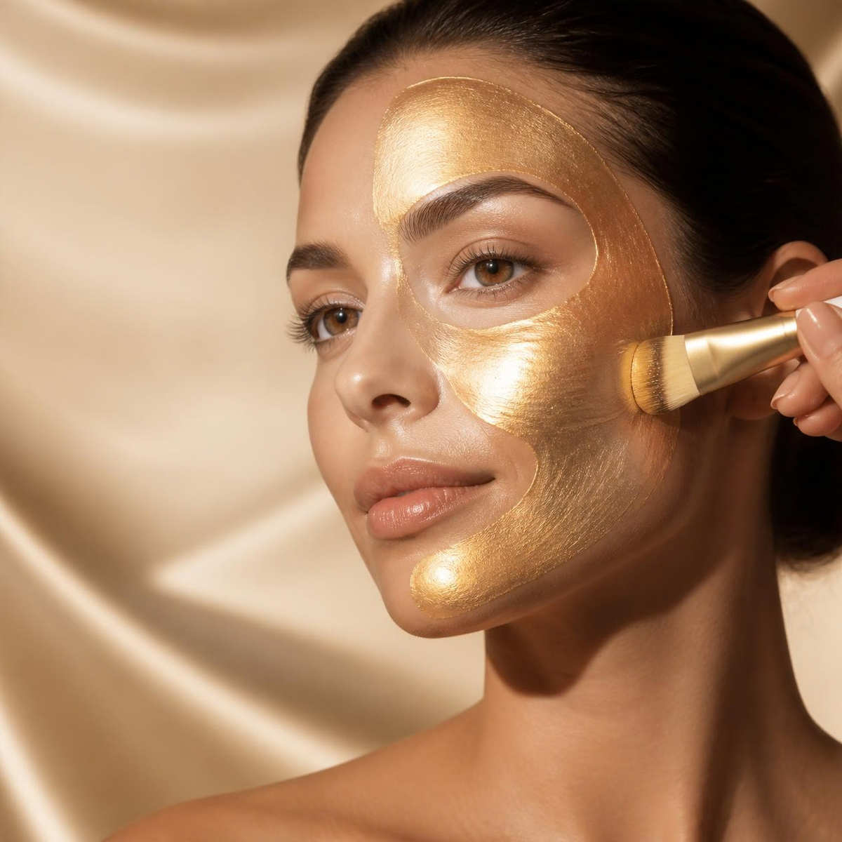 Woman applying the gold peel-off mask to her cheek with a brush