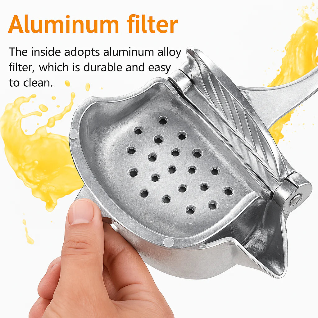 Removable perforated aluminum strainer inside the juicer bowl