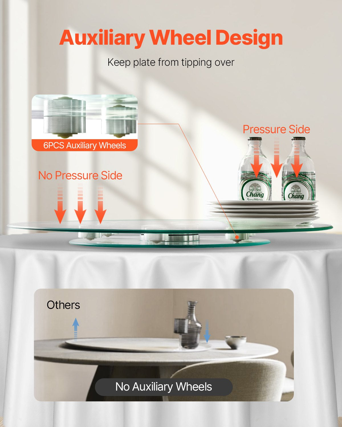 Support wheels under the glass lazy susan keep it from tipping over