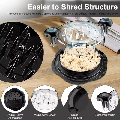 Chicken shredder structure: spiked lid, clear cover, non-slip base and handles
