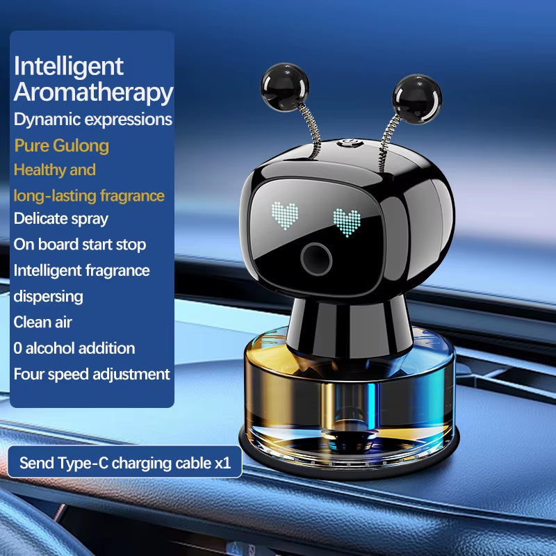 Black robot car aroma diffuser on a car dashboard