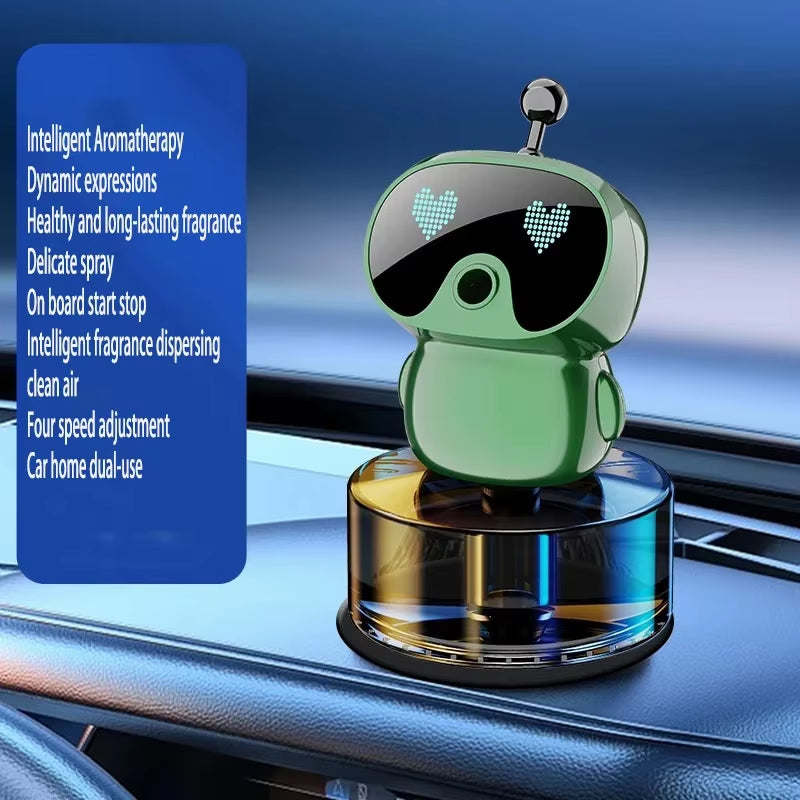 Green robot car aroma diffuser, style 2, on a car dashboard