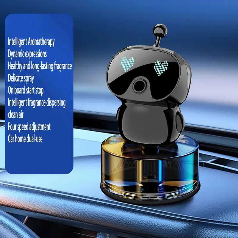 Black robot car aroma diffuser, style 2, on a car dashboard