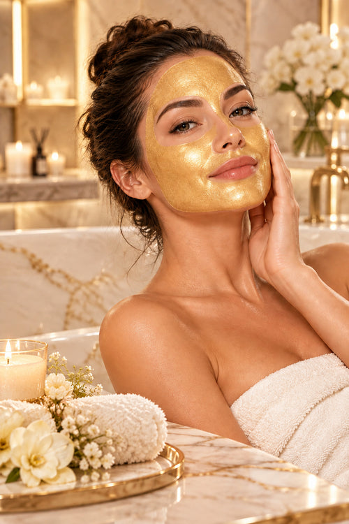 Woman relaxing in a spa robe wearing the gold peel-off mask