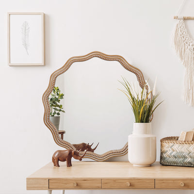 Scalloped Wavy Wall Mirror – 23.6" Antique Natural Frame