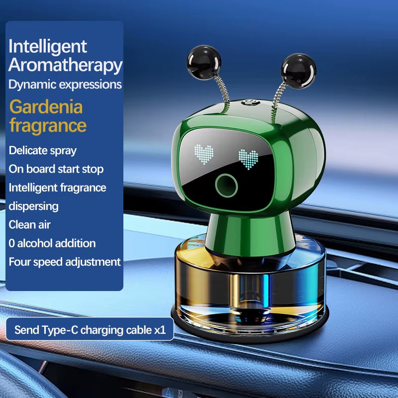 Green robot car aroma diffuser on a car dashboard