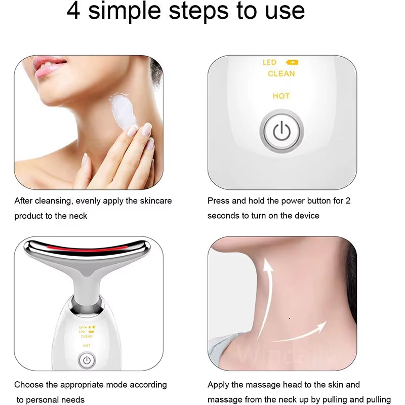 Four steps to use the LED neck device: apply skincare, power on, choose a mode, glide upward