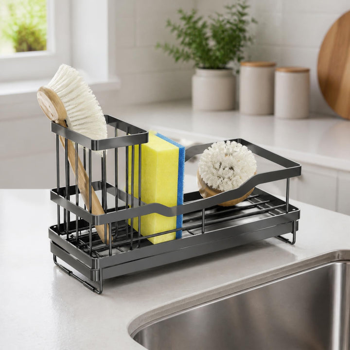 Sink caddy in use on a kitchen counter