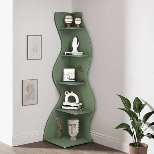 Modern Whimsical 5 Shelf Corner Bookcase in Green Wood Finish-1