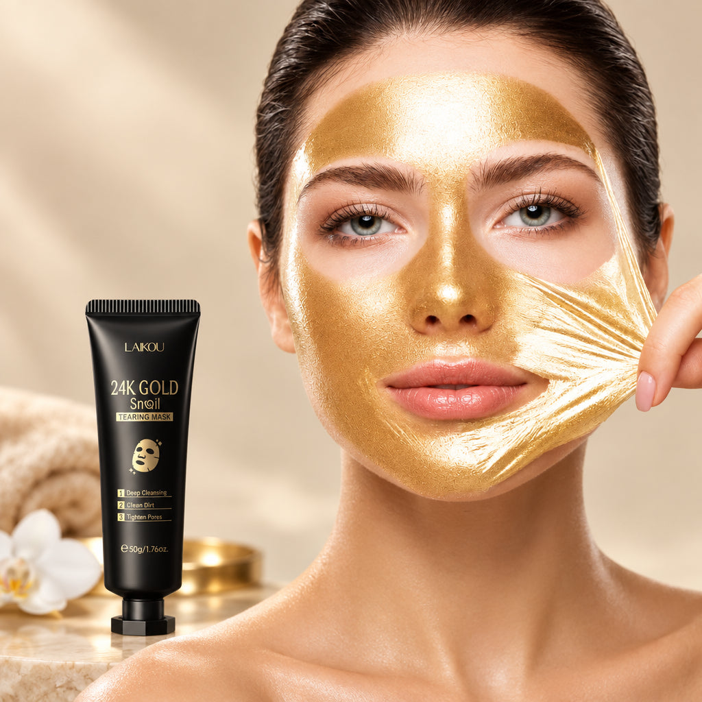 24K gold peel-off face mask tube next to a woman peeling the gold mask from her face