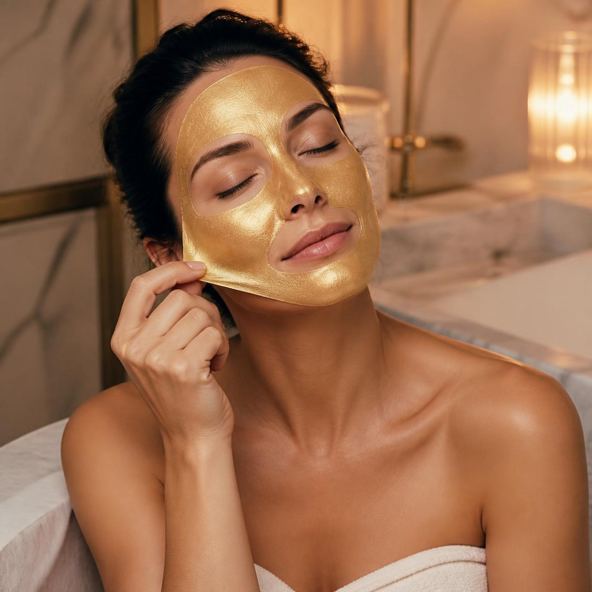 Woman in a towel peeling off the gold mask in a bright bathroom