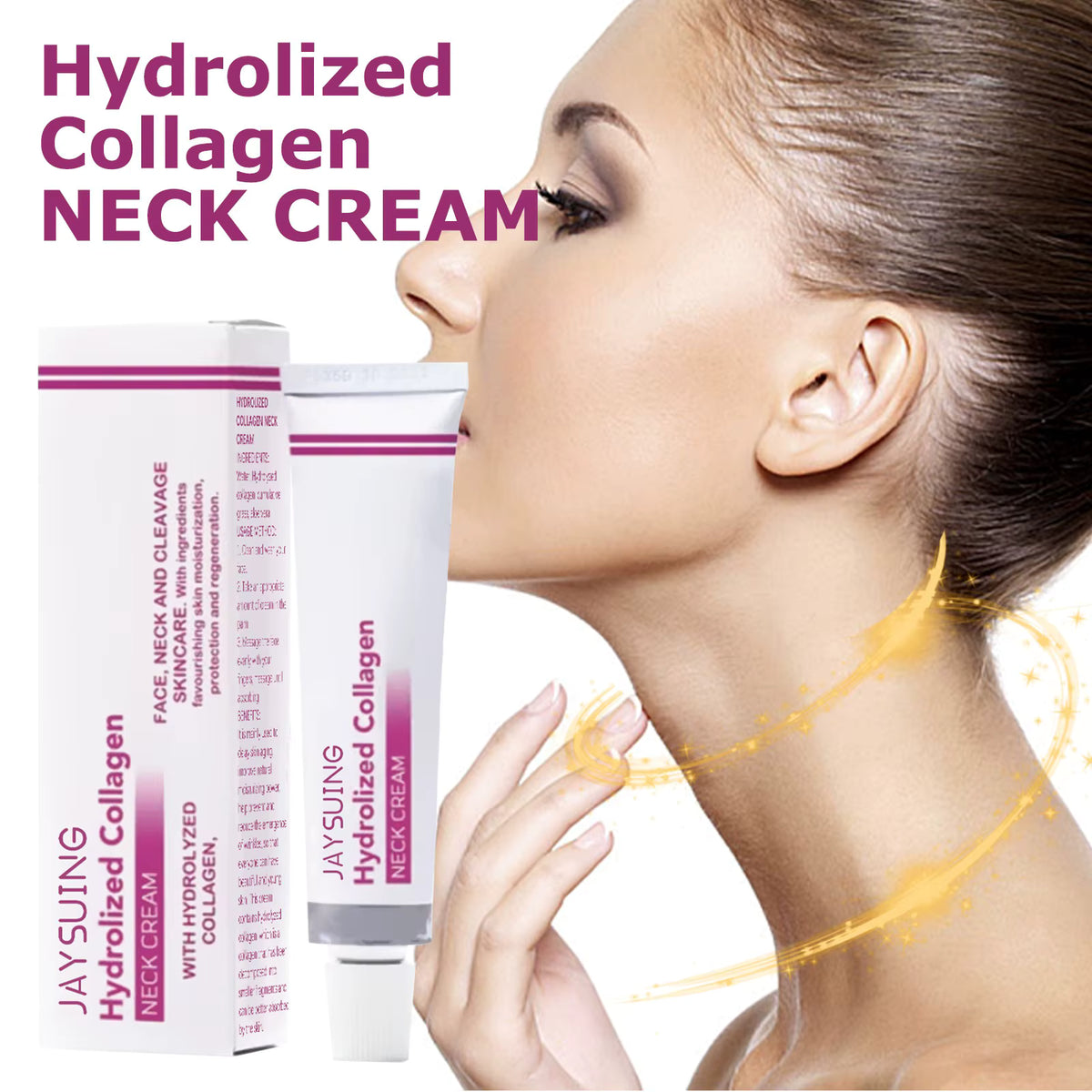 Collagen neck cream tube and box beside a woman touching her neck