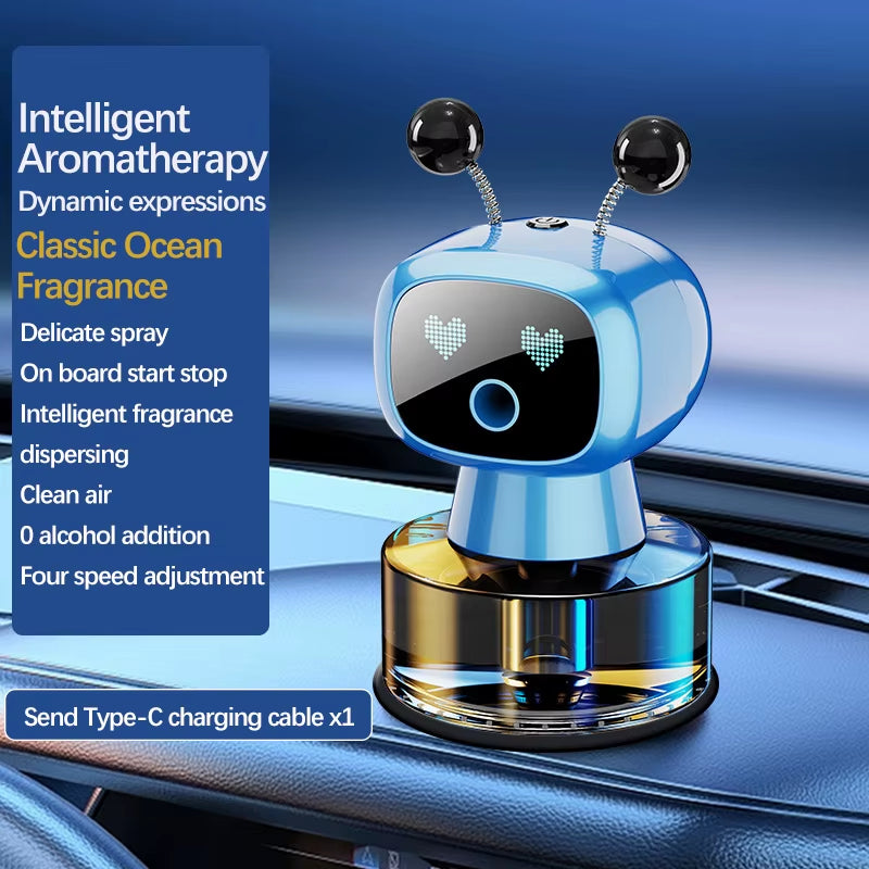 Blue robot car aroma diffuser on a car dashboard