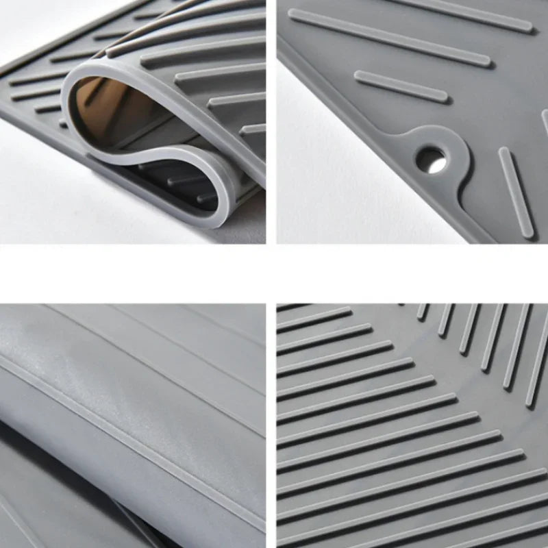 Close-ups of the mat's flexible silicone, raised ridges and drain edge