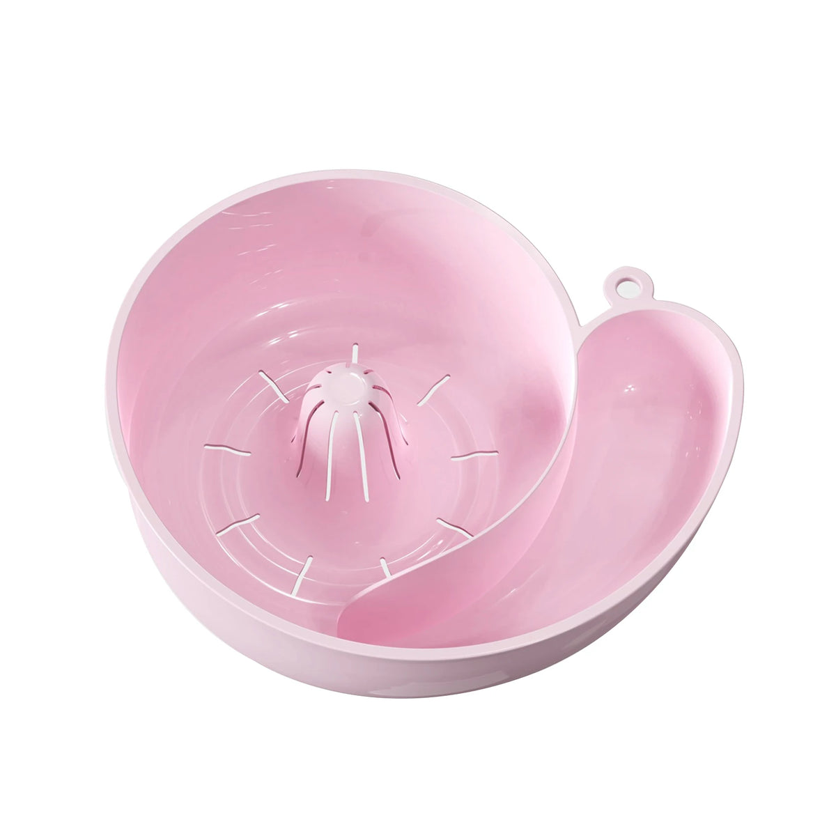 Pink spin washing basket with center drain cone, white background