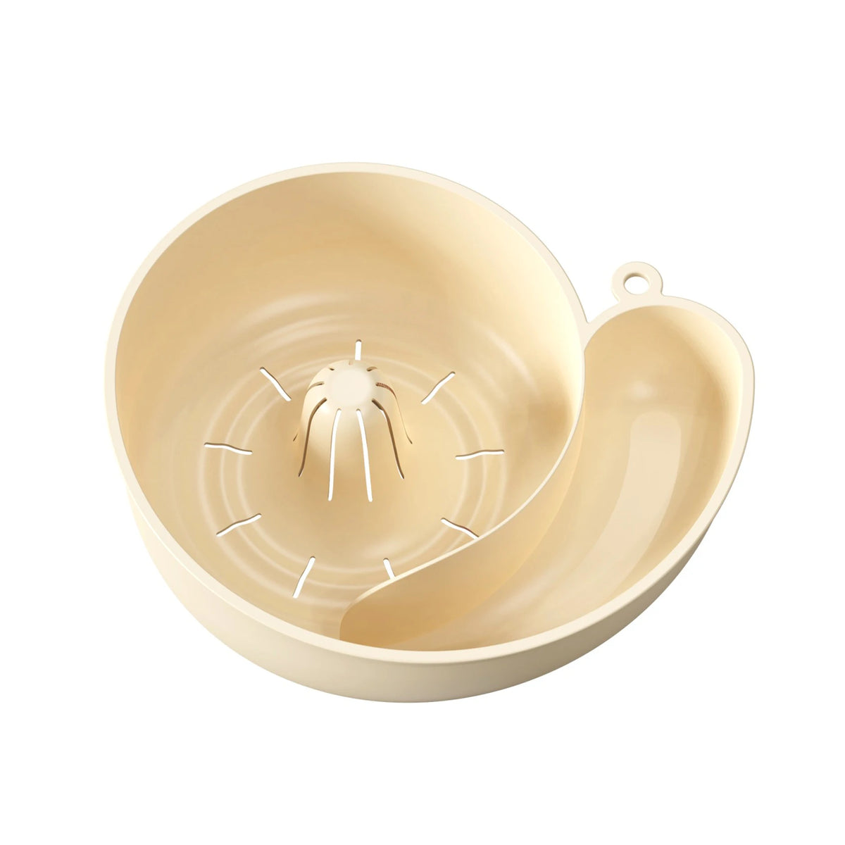 Beige spin washing basket with center drain cone, white background