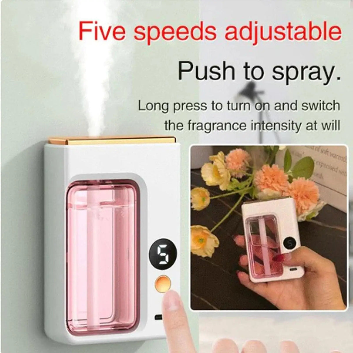 Pressing the button on the wall-mounted diffuser to spray, with five intensity levels