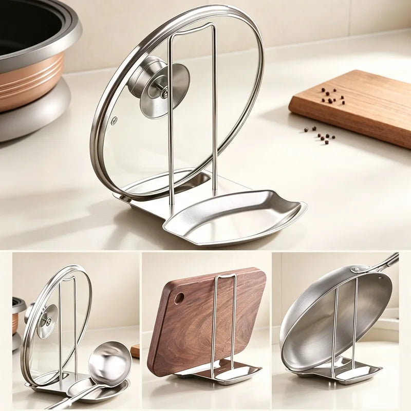 Pot lid rack shown holding a glass lid, a ladle, a cutting board and a pan lid