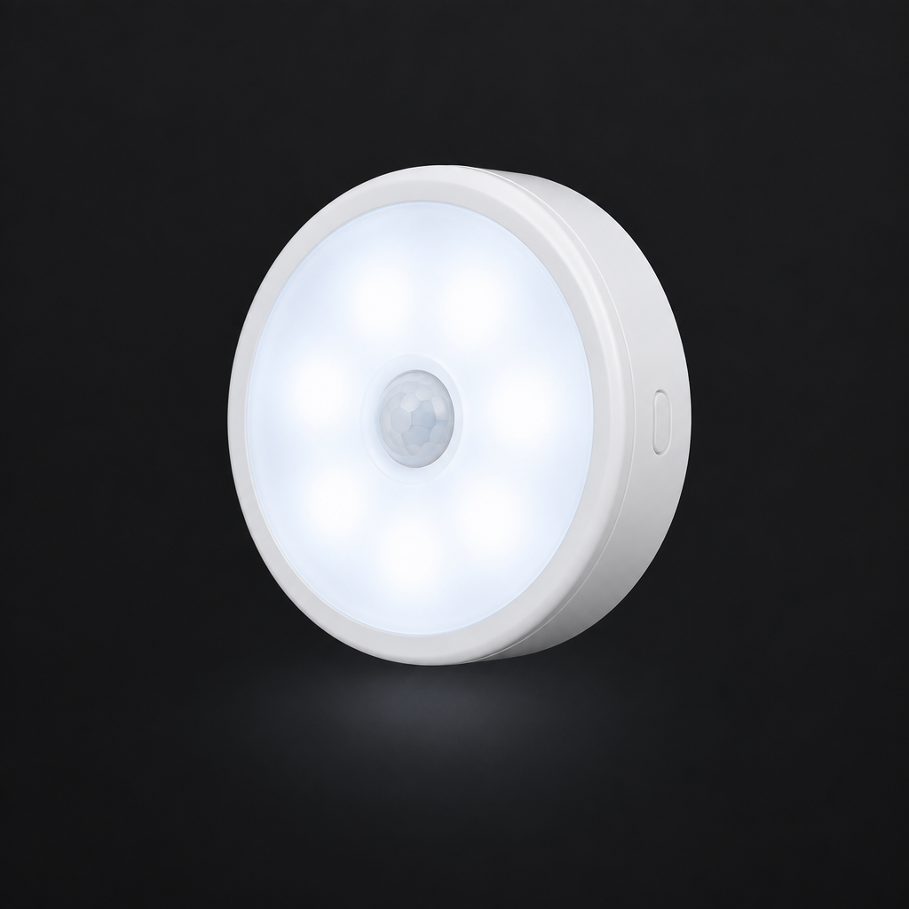 USB rechargeable motion sensor puck light glowing on dark background – modern minimalist hero shot