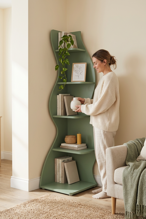 A wavy, five-tier corner bookshelf in sage green, styled with books and decorative vases in a bright, minimalist room corner.