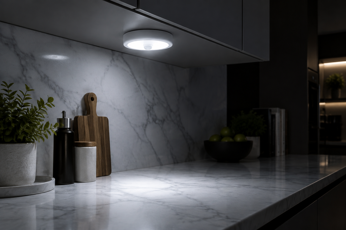 Motion sensor puck light mounted under kitchen cabinet illuminating marble countertop