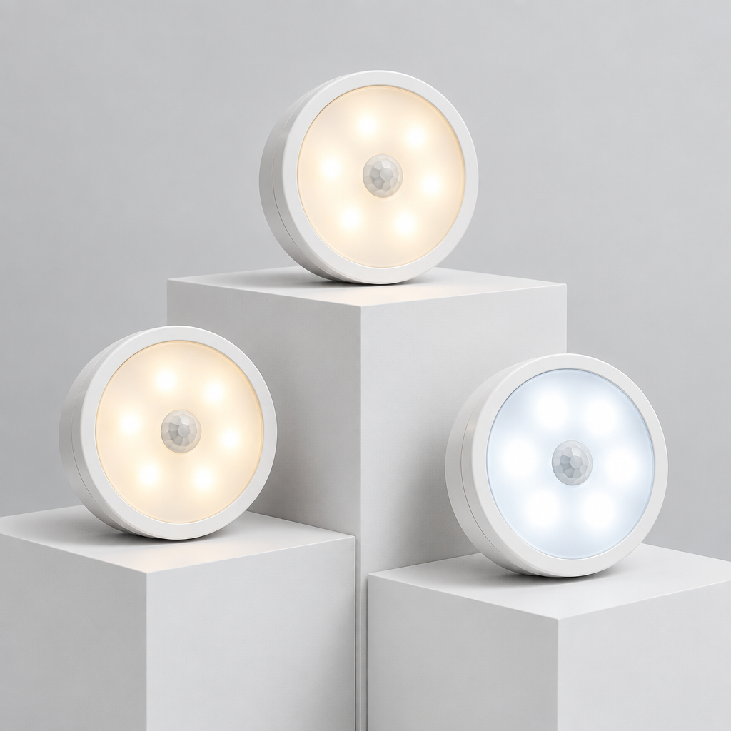 Motion sensor puck light 3-pack on geometric pedestals showing warm and cool white light modes